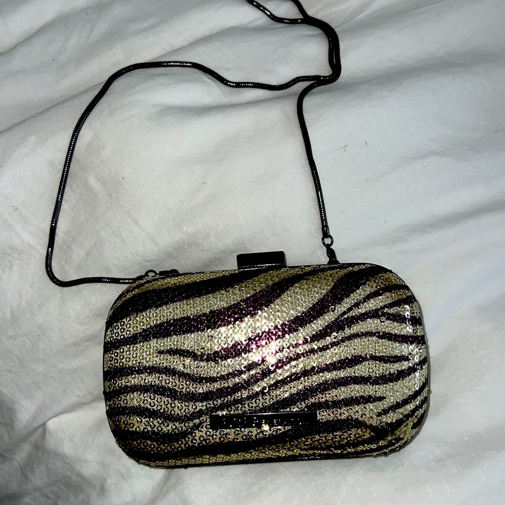 BCBG sequin animal print clutch
